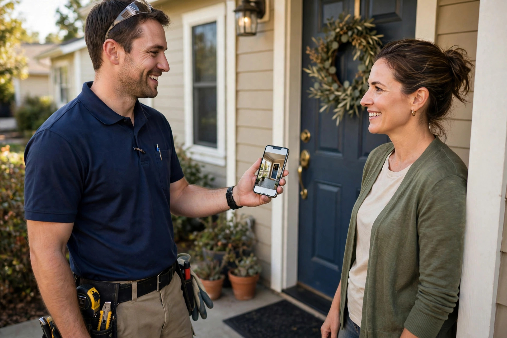 Expert speaking with a homeowner at their front door