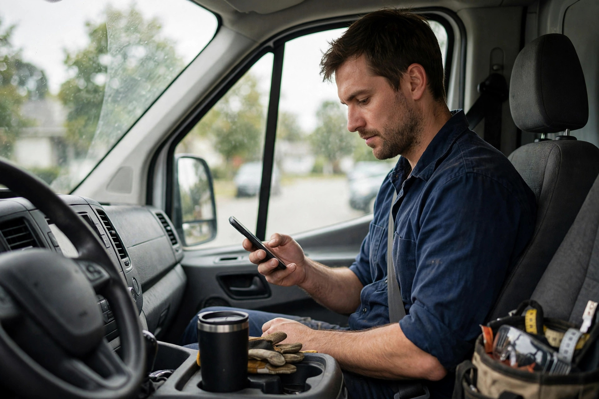 Expert checking a phone in a work van