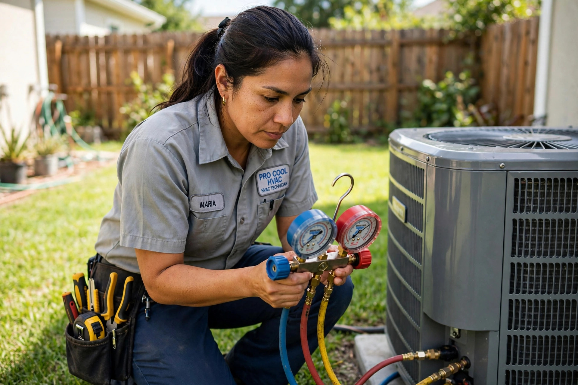 HVAC technician checking gauges on a residential condenser unit