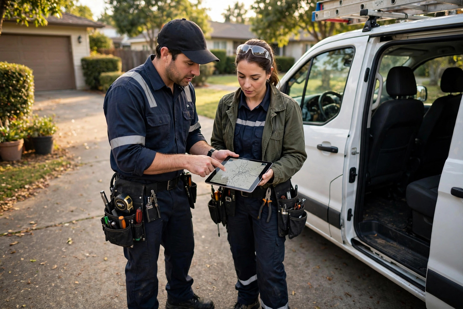 Two technicians reviewing a tablet by a work van